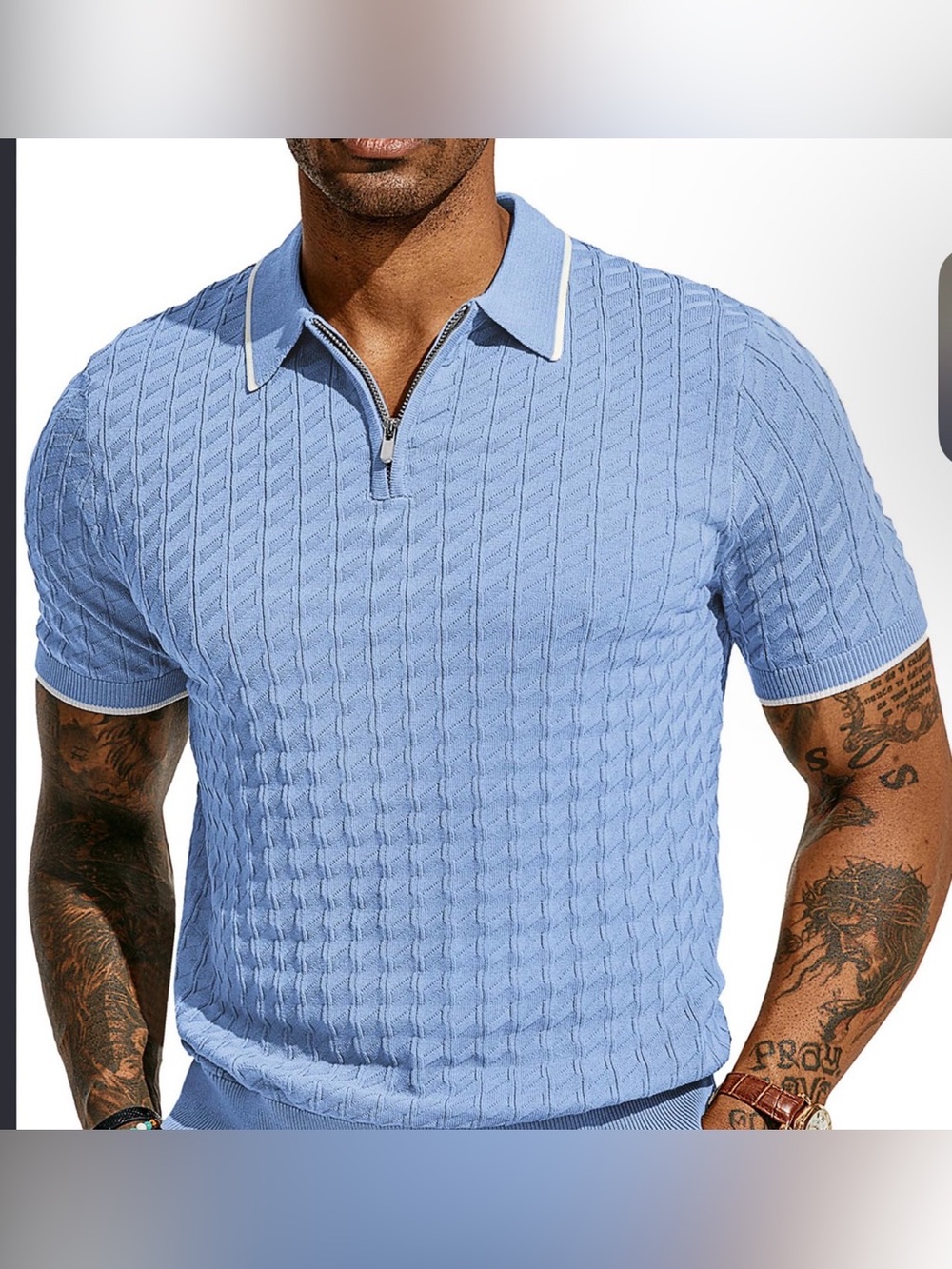 Men's Sky Blue Knit Zip Polo with Contrast Trim